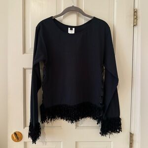 Vintage Anna Sui long sleeve top, fringed cuffs, side lacing. Black. size small